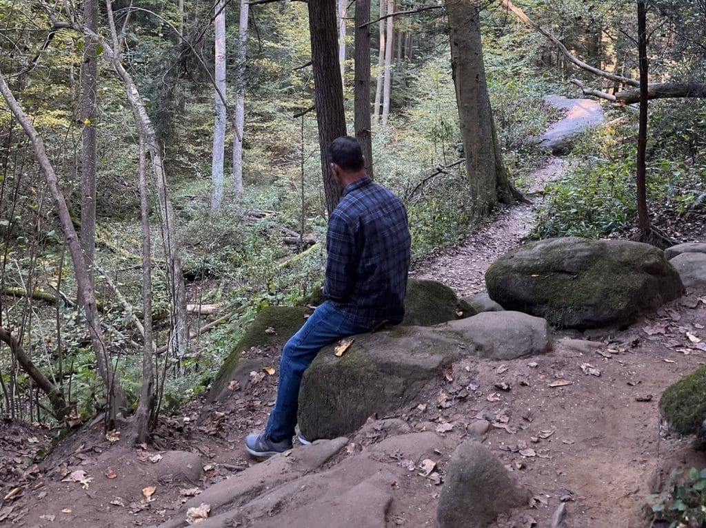 Person sitting alone on a rock along a forest trail