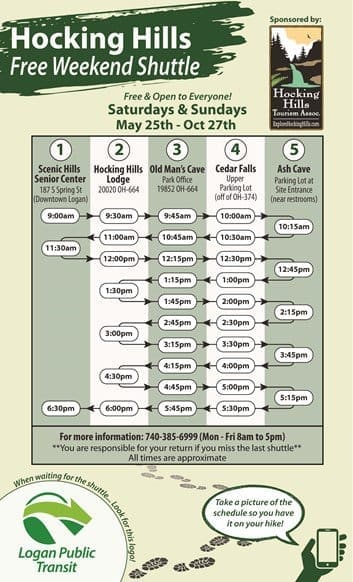 Map of Hocking Hills free weekend shuttle stops by Logan Public Transit