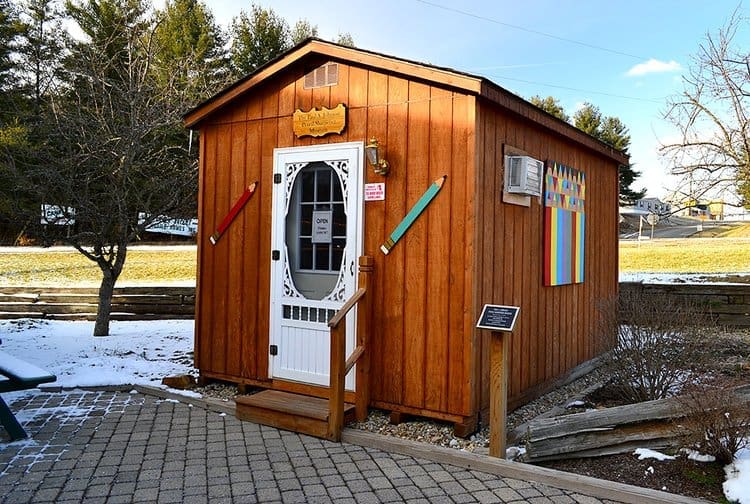 Small wooden shed labeled Pencil Sharpener Museum