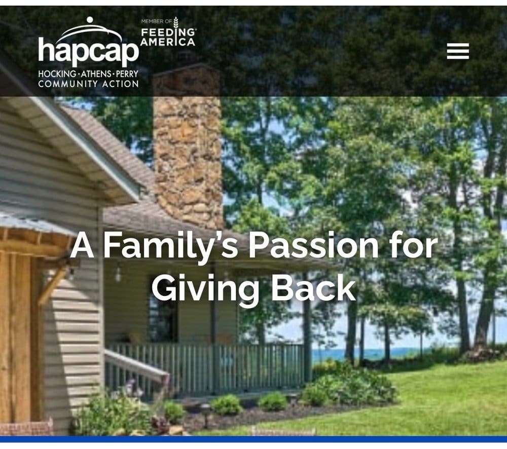 HAPCAP website screenshot titled “A Family’s Passion for Giving Back” with front view of the lodge