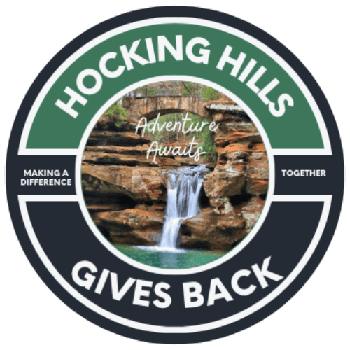 Hocking Hills Gives Back logo promoting community-focused short-term rentals