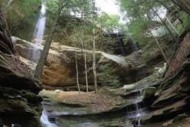 Deep gorge with stairs and trees at Cantwell Cliffs in Hocking Hills