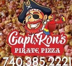 Cartoon logo of Captain Ron’s Pirate Pizza with pirate theme