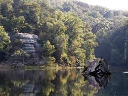 Scenic view of forested hills and water at Wayne National Forest