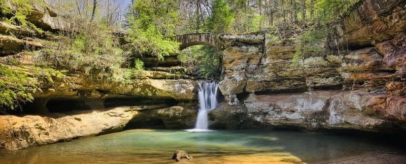 Photo of the upper falls of Old Man's Cave in Hocking Hills State Park.
